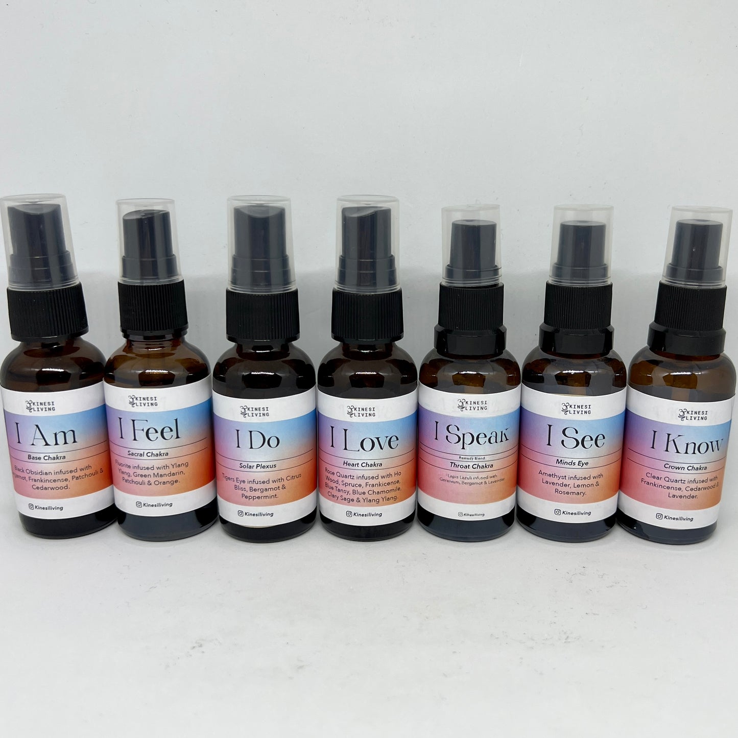 Chakra Balancing essential oil set 7 bottles crystal infused - complete energy wellness aromatherapy Australia EMK Practitioner created