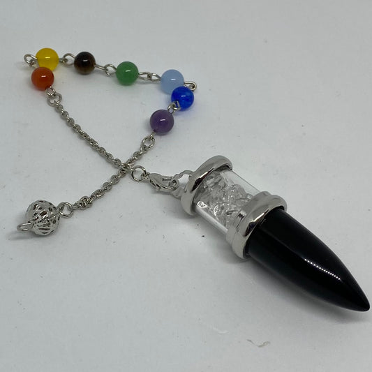 Obsidian + Clear Quartz Healing Crystal - Pendulum with chakra chain